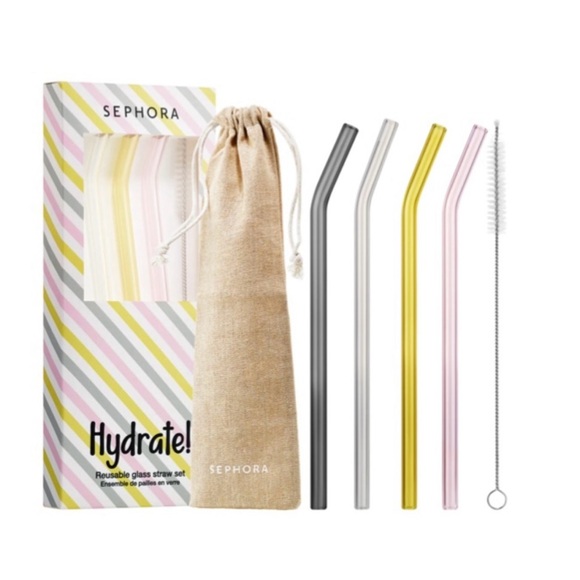 ❤️ Sephora Hydrate! 4pc Reusable Glass Straw Set (Pink, Clear, Yellow, Gray) - Picture 1 of 6